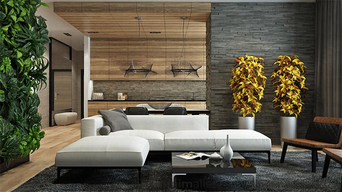 desain ruang keluarga dengan batu alam